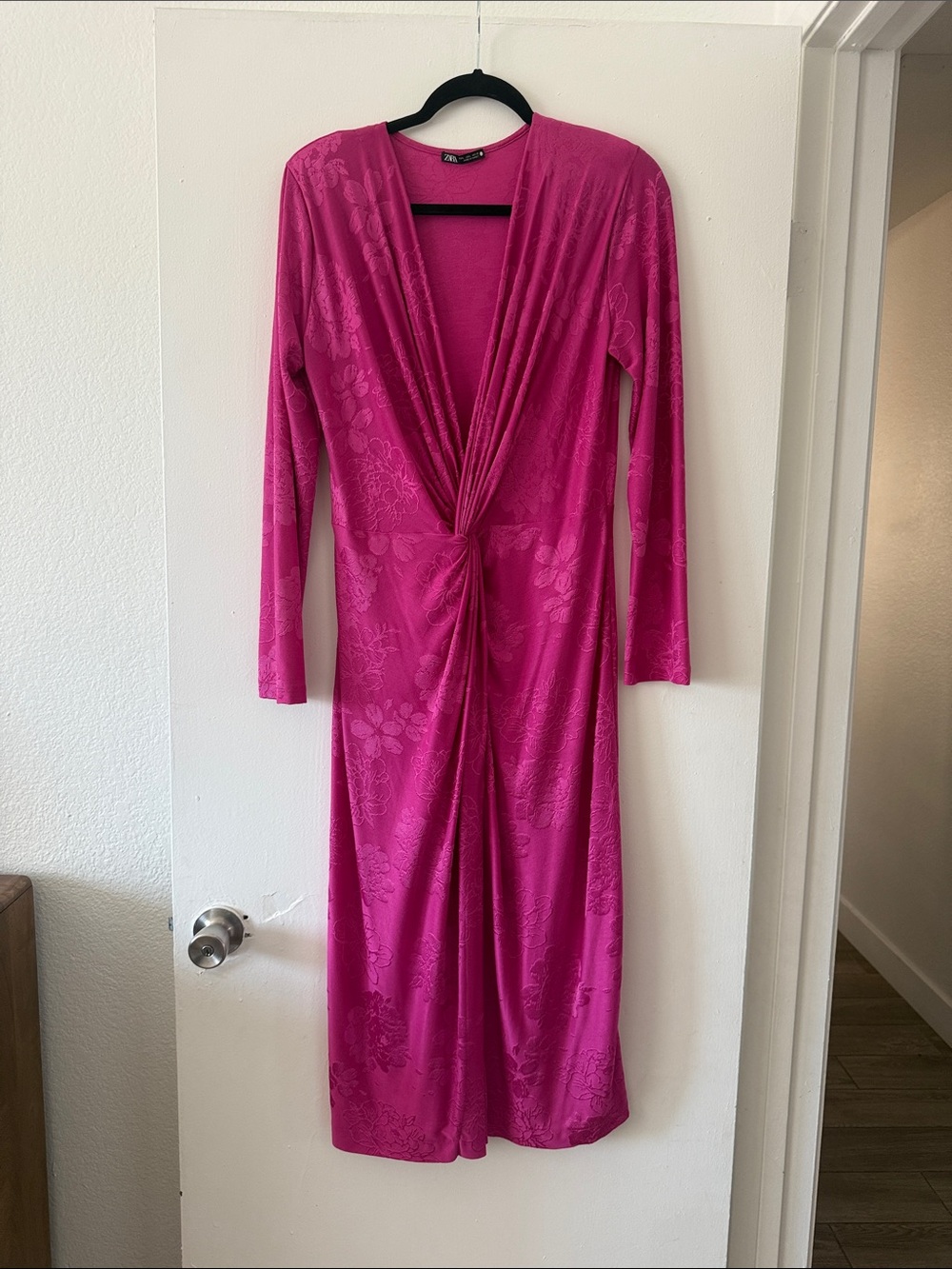 Zara Hot Pink Twist-Front Long Sleeve Dress
